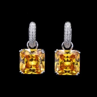 Omnia Helen Cushion Cut Drop Earrings with Yellow Zircon in High Quality Rhodium Plated