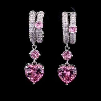 Omnia Pink Heart Drop Earrings in High-Quality Pink Zircon Stone with Double Hoop Design in Rhodium Plated