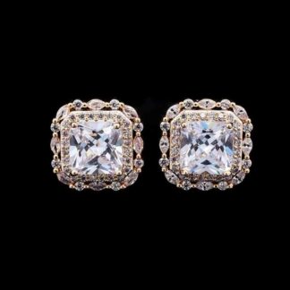 Omnia Natalie Gold Cushion Stud Earrings in High-Quality Zircon Stone in Rhodium Plated