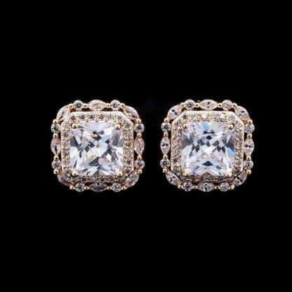 Omnia Natalie Gold Cushion Stud Earrings in High-Quality Zircon Stone in Rhodium Plated