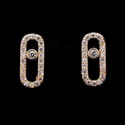 Omnia Naomi Gold Oval Link Stud Earrings with High-Quality Zircon Stone in Rhodium Plated