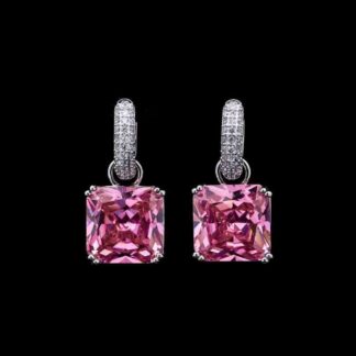 Omnia Helen Cushion Cut Drop Earrings with Pink Zircon in High Quality Rhodium Plated