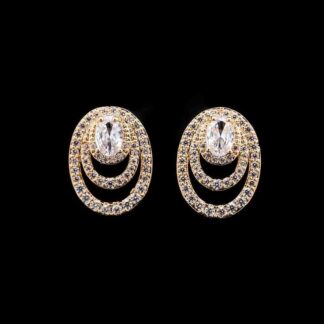 Omnia Ruby Oval Gold Drop Earrings with Triple Hoop Design in High-Quality Rhodium Plated