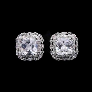 Omnia Natalie White Cushion Stud Earrings in High-Quality Zircon Stone in Rhodium Plated