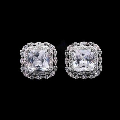 Omnia Natalie White Cushion Stud Earrings in High-Quality Zircon Stone in Rhodium Plated