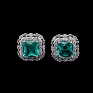 Omnia Natalie Emerald Cushion Stud Earrings in High-Quality Zircon Stone in Rhodium Plated