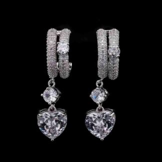 Omnia White Heart Drop Earrings in High-Quality White Zircon Stone with Double Hoop Design in Rhodium Plated