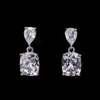 Omnia Rima Drop Earrings in High-Quality White Zircon Stone in Rhodium Plated with Classic Teardrop Design