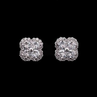 Omnia Evelyn White Floral Stud Earrings in High-Quality Zircon Stone in Rhodium Plated