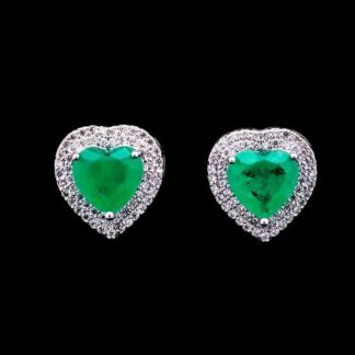Omnia Serena Emerald Heart-Shaped Stud Earrings with High-Quality Zircon Stones in Rhodium Plated