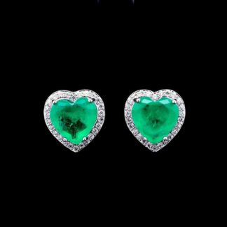 Omnia Isla Emerald Heart-Shaped Stud Earrings with High-Quality Zircon Stones in Rhodium Plated