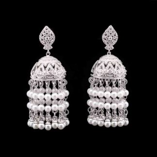 Omnia Pearl Tassel Earrings in High-Quality Zircon Stone and Rhodium Plated