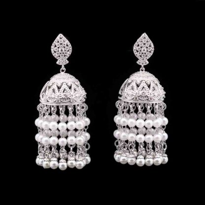 Omnia Pearl Tassel Earrings in High-Quality Zircon Stone and Rhodium Plated
