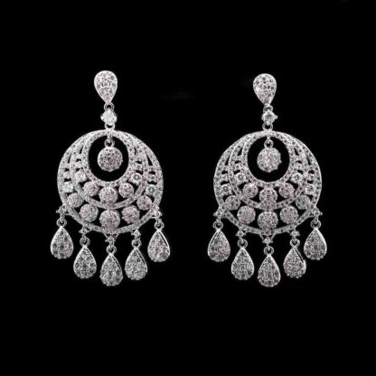 Omnia Crescent Drop Earrings in High-Quality Zircon Stone and Rhodium Plated