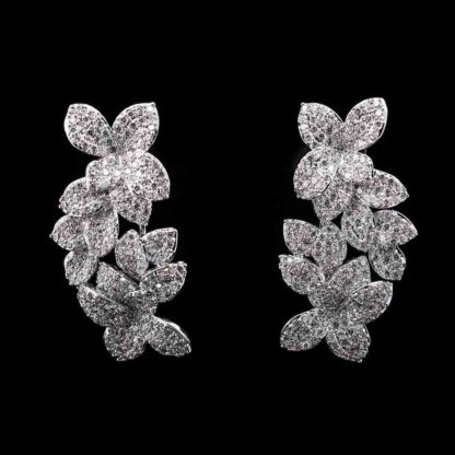 Omnia Blooming Floral Drop Earrings in High-Quality Zircon Stone and Rhodium Plated