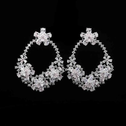 Omnia Elegant Floral Hoop Earrings in High-Quality Zircon Stone and Rhodium Plated