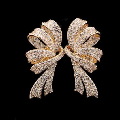 Omnia Lamia Golden Ribbon Statement Earrings with High-Quality Zircon Stones in Rhodium-Plated Finish