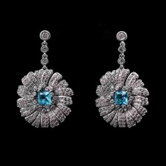 Omnia Shaden Blue Radiant Floral Drop Earrings with High-Quality Zircon Stones in Rhodium-Plated Finish