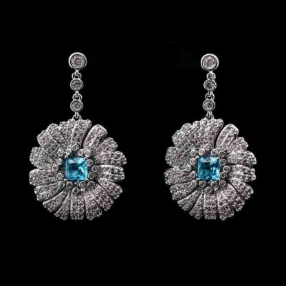 Omnia Shaden Blue Radiant Floral Drop Earrings with High-Quality Zircon Stones in Rhodium-Plated Finish