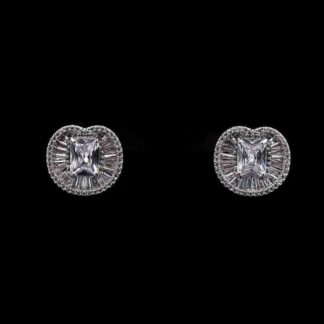 Omnia Hadeel Pure White Radiant-Cut Stud Earrings with High-Quality Zircon Stones in Rhodium-Plated Finish