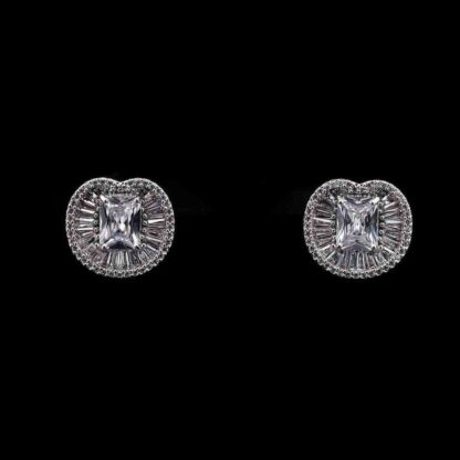Omnia Hadeel Pure White Radiant-Cut Stud Earrings with High-Quality Zircon Stones in Rhodium-Plated Finish