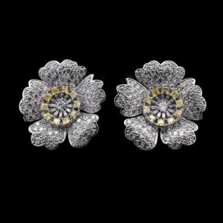 Omnia Zahra White and Yellow Floral Stud Earrings with High-Quality Zircon Stones in Rhodium-Plated Finish