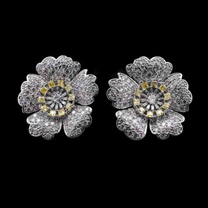 Omnia Zahra White and Yellow Floral Stud Earrings with High-Quality Zircon Stones in Rhodium-Plated Finish
