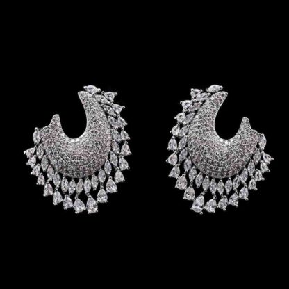 Omnia Hanin Cascade-Design Statement Earrings with High-Quality Zircon Stones in Rhodium-Plated Finish