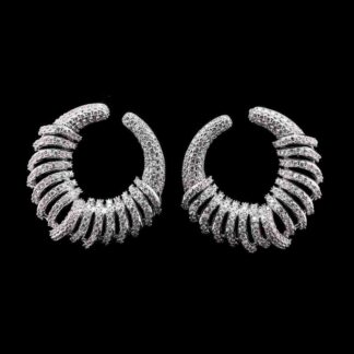 Omnia Narmeen White Spiral Hoop Earrings with High-Quality Zircon Stones in Rhodium-Plated Finish