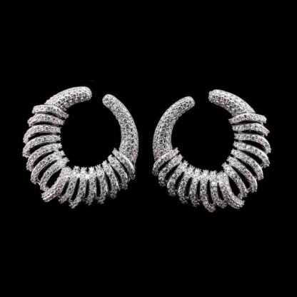 Omnia Narmeen White Spiral Hoop Earrings with High-Quality Zircon Stones in Rhodium-Plated Finish