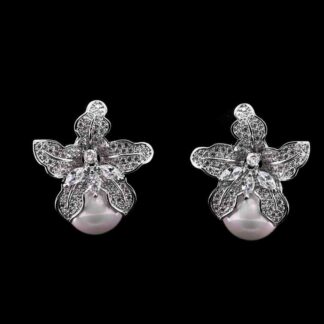 Omnia White Orchid Earrings with High-Quality Zircon Stones and Pearl in Rhodium Plated