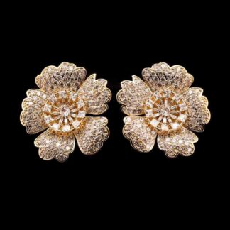 Omnia Raneem Golden Floral Stud Earrings in High-Quality Zircon Stones Rhodium-Plated Finish