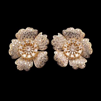 Omnia Raneem Golden Floral Stud Earrings in High-Quality Zircon Stones Rhodium-Plated Finish