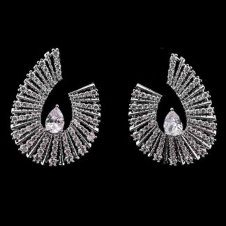 Omnia Nawal Radiant Fan-Shaped Earrings in High-Quality Zircon Stones and Rhodium-Plated Finish
