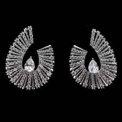 Omnia Nawal Radiant Fan-Shaped Earrings in High-Quality Zircon Stones and Rhodium-Plated Finish