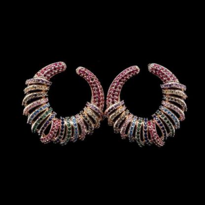 Omnia Narmeen Multicolored Spiral Hoop Earrings with High-Quality Zircon Stones in Rhodium-Plated Finish