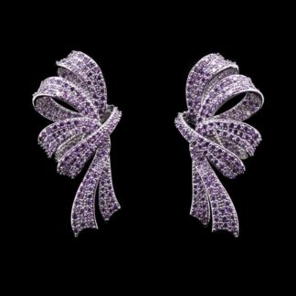 Omnia Lamia Purple Ribbon Statement Earrings with High-Quality Zircon Stones in Rhodium-Plated Finish