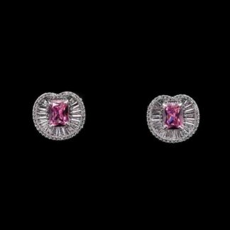 Omnia Hadeel Pink Radiant-Cut Stud Earrings with High-Quality Zircon Stones in Rhodium-Plated Finish