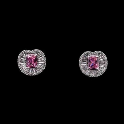 Omnia Hadeel Pink Radiant-Cut Stud Earrings with High-Quality Zircon Stones in Rhodium-Plated Finish