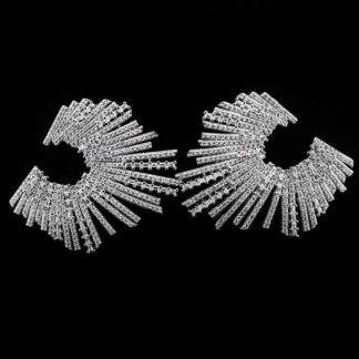 Omnia Lujain Radiant Fan-Design Hoop Earrings with High-Quality Zircon Stones in Rhodium-Plated Finish