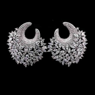 Omnia Layla Pure White Floral Crescent Hoop Earrings with Zircon Accents in High Quality Zircon Stone Rhodium Plated