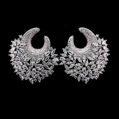 Omnia Layla Pure White Floral Crescent Hoop Earrings with Zircon Accents in High Quality Zircon Stone Rhodium Plated