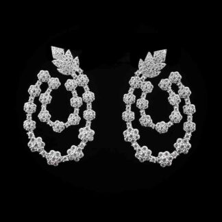 Omnia Najma Floral-Design Long Drop Earrings with High-Quality Zircon Stones in Rhodium-Plated Finish