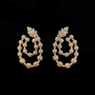Omnia Najma Golden Floral-Design Long Drop Earrings with High-Quality Zircon Stones in Rhodium-Plated Finish