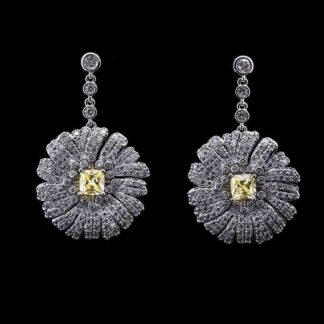 Omnia Shaden Yellow Radiant Floral Drop Earrings with High-Quality Zircon Stones in Rhodium-Plated Finish