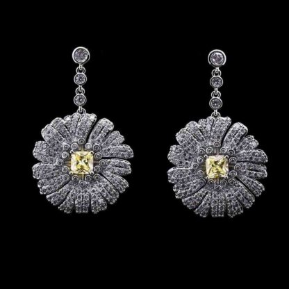 Omnia Shaden Yellow Radiant Floral Drop Earrings with High-Quality Zircon Stones in Rhodium-Plated Finish