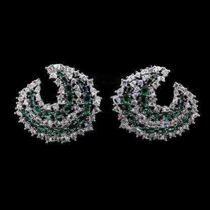 Omnia Salma Crescent Earrings with Green and White Zircon in High Quality Rhodium Plated