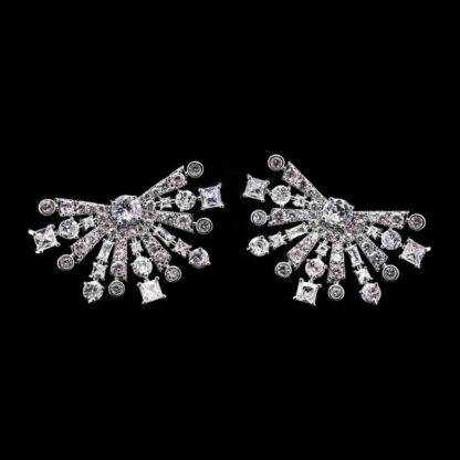 Omnia Zara Radiant Fan Design Earrings with White Zircon Stones in High-Quality Rhodium Plated