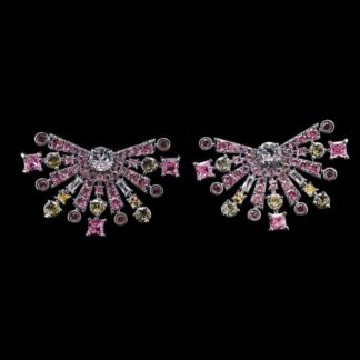 Omnia Zara Radiant Fan Design Earrings with Pink and Yellow Zircon Stones in High-Quality Rhodium Plated
