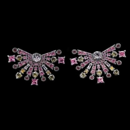 Omnia Zara Radiant Fan Design Earrings with Pink and Yellow Zircon Stones in High-Quality Rhodium Plated